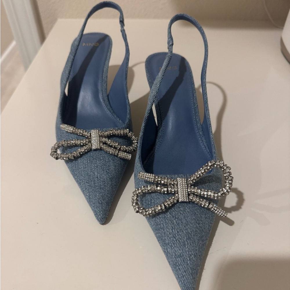 Mango Blue denim Heels with Silver Bow